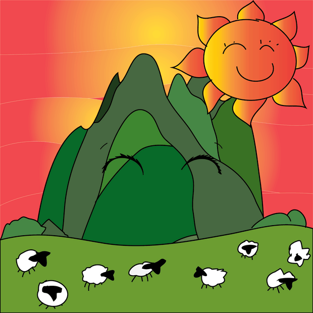 Cute Mountain #1 — a pixel-art mountain with happy eyes, sheep in the foreground, and a sunset sky